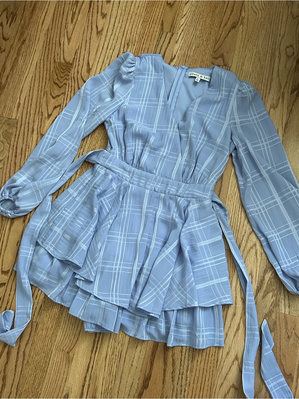 Allison & Kelly Blue Plaid Wrap Romper Tie Waist Long Sleeve Size S